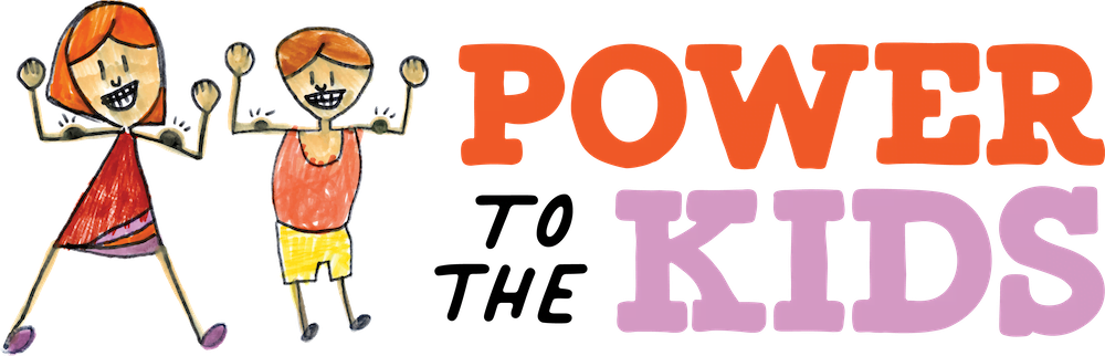 Power to the Kids Logo with drawn picture of 2 kids.